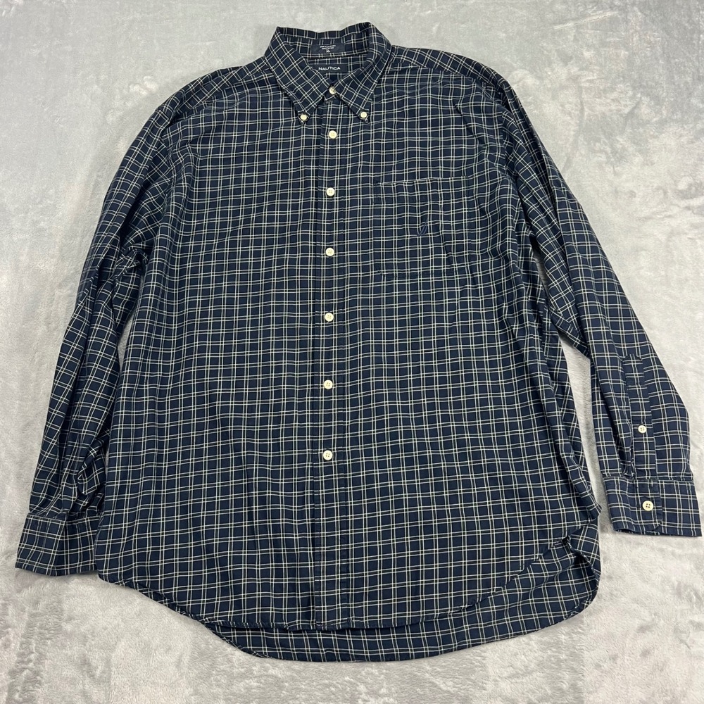 NAUTICA Vintage Button Down Shirt Mens XL Blue White Grid‎ Check LS Cotton 00s
